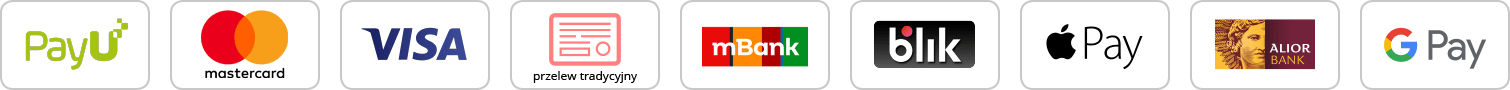 Logotypy popularnych metod płatności online: PayU, Mastercard, Visa, przelew tradycyjny, mBank, BLIK, Apple Pay, Alior Bank, Google Pay.