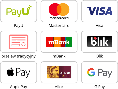Logotypy popularnych metod płatności online: PayU, Mastercard, Visa, przelew tradycyjny, mBank, BLIK, Apple Pay, Alior Bank, Google Pay.