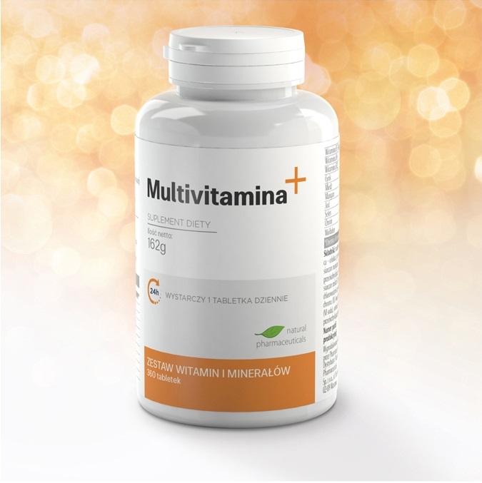 Butelka suplementu diety Multivitamina+ zawiera 380 tabletek, oferując kompletny zestaw witamin i minerałów na każdy dzień.