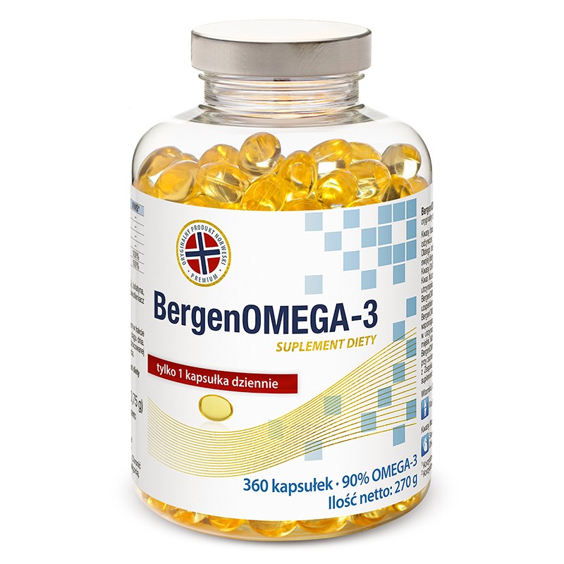 BergenOMEGA-3 to dietetyczny suplement w formie kapsułek, zawierający 90% kwasów omega-3, dostępny w opakowaniu 360 kapsułek z zaleceniem zażywania jednej dziennie.