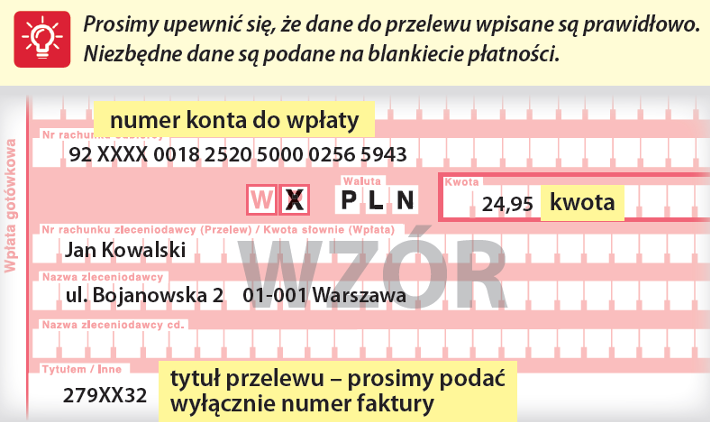 Przykład formularza przelewu z niezbędnymi danymi, takimi jak numer konta, kwota oraz tytuł przelewu.