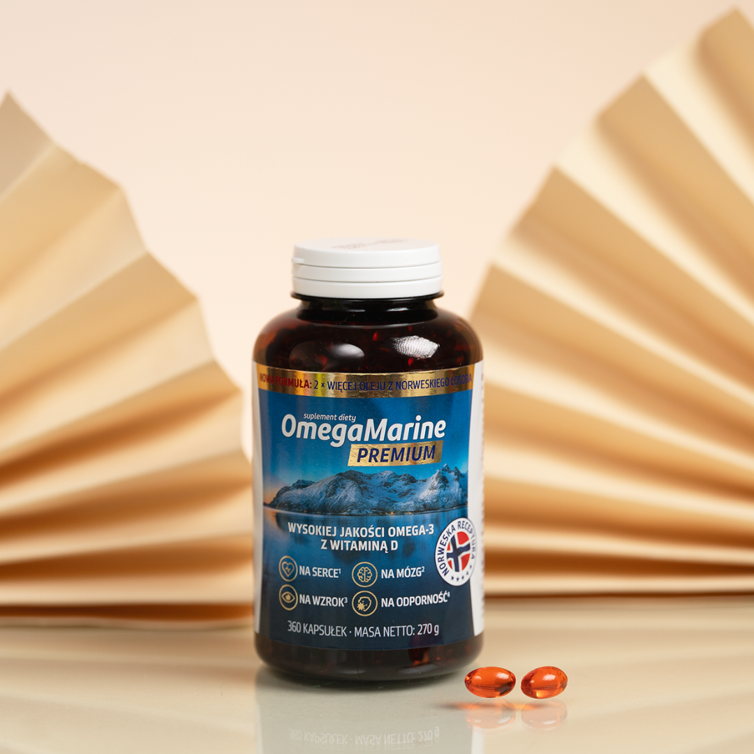 Suplement diety OmegaMarine Premium zawiera wysokiej jakości oleje omega-3 z witaminą D, wspierając zdrowie serca, mózgu i odporność.
