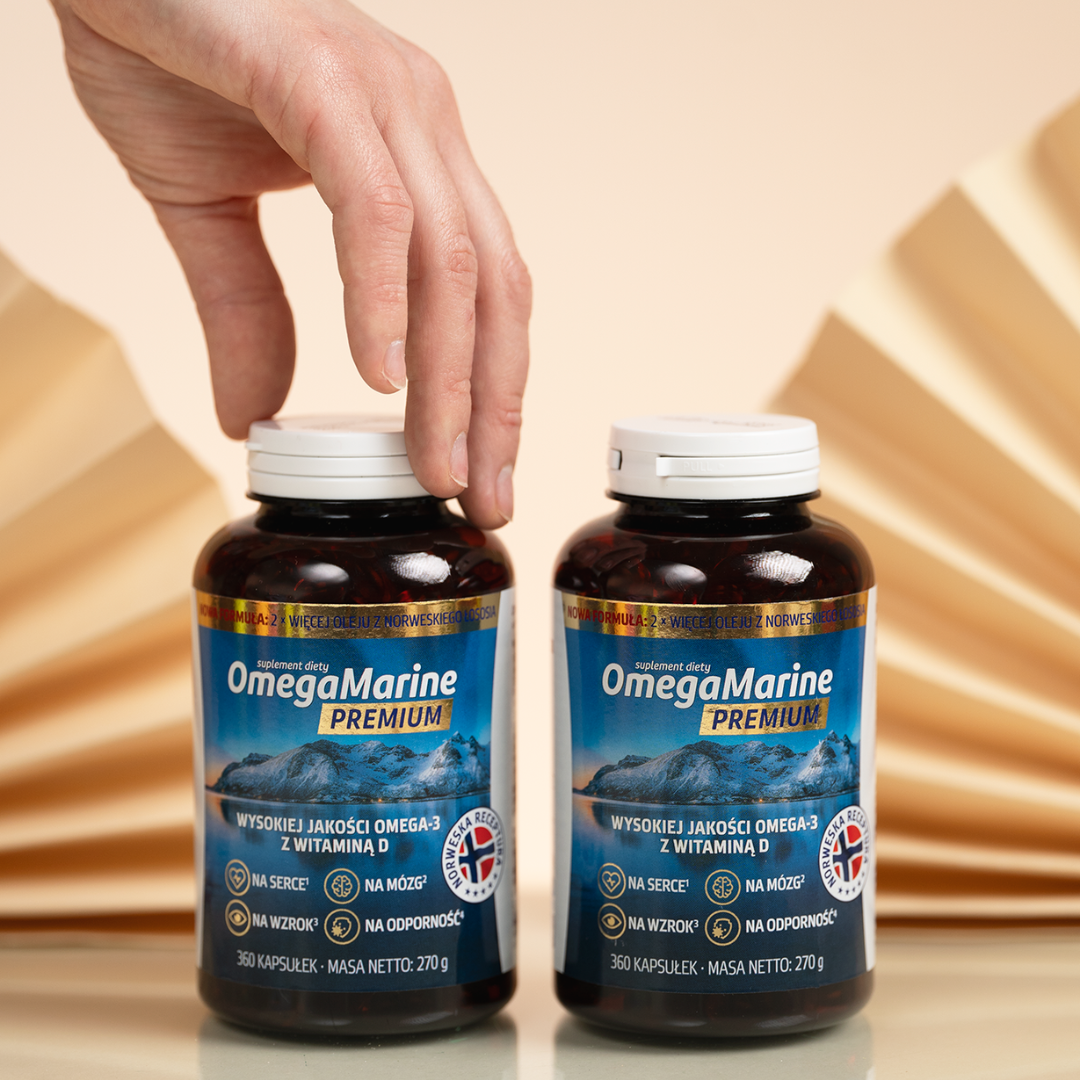 Suplement diety OmegaMarine Premium to wysokiej jakości źródło kwasów omega-3 z witaminą D, wspierające zdrowie serca, mózgu, wzroku i odporności.