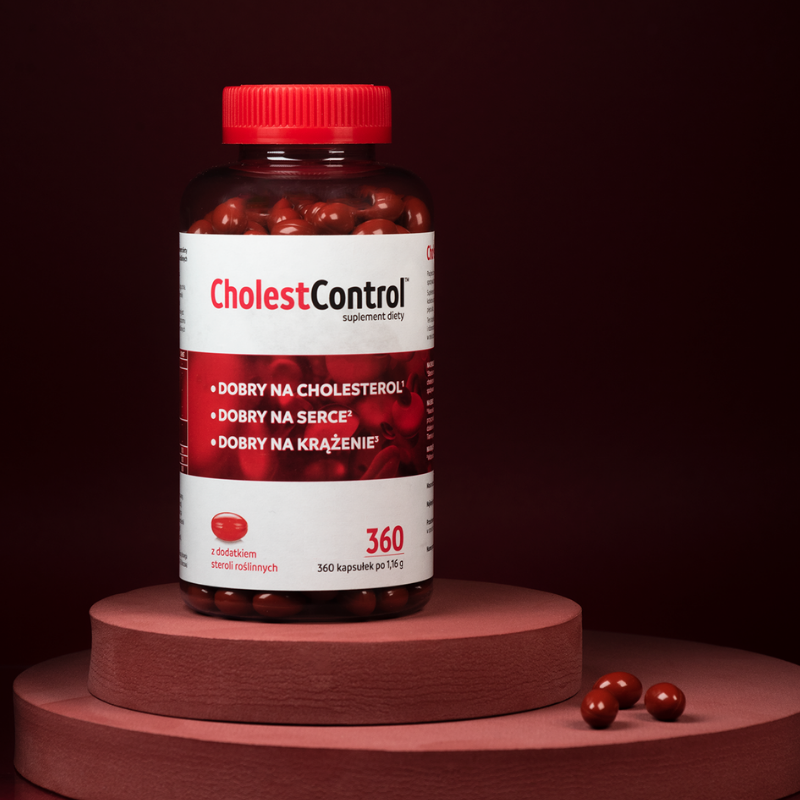 Butelka suplementu diety CholestControl, wspierającego prawidłowy poziom cholesterolu, zdrowie serca i krążenie, zawierająca 360 kapsułek.