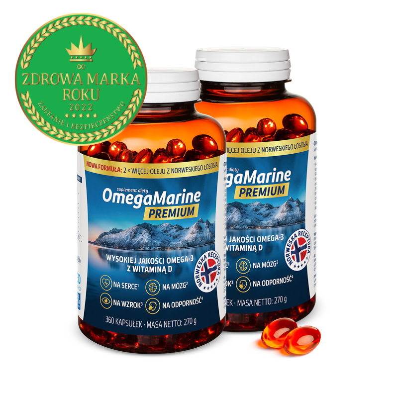Suplement diety OmegaMarine Premium zawiera wysokiej jakości olej z norweskiego łososia, dostarczający niezbędnych kwasów omega-3 oraz witaminy D, wspierający zdrowie serca, mózgu i odporność.