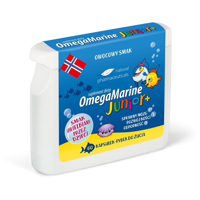 Suplement diety OmegaMarine Junior+ w owocowym smaku wspiera rozwój mózgu, kości oraz odporność dzieci, oferując 60 kapsułek w formie rybek do żucia.