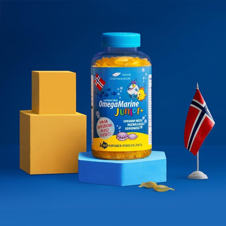 Suplement diety OmegaMarine Junior+ wspomaga rozwój mózgu i odporność dzieci, oferując smaczne kapsułki rybne.