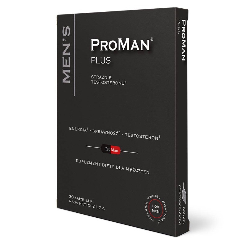 Suplement diety ProMan Plus, przeznaczony dla mężczyzn, wspiera energię, sprawność i poziom testosteronu dzięki starannie dobranym składnikom.