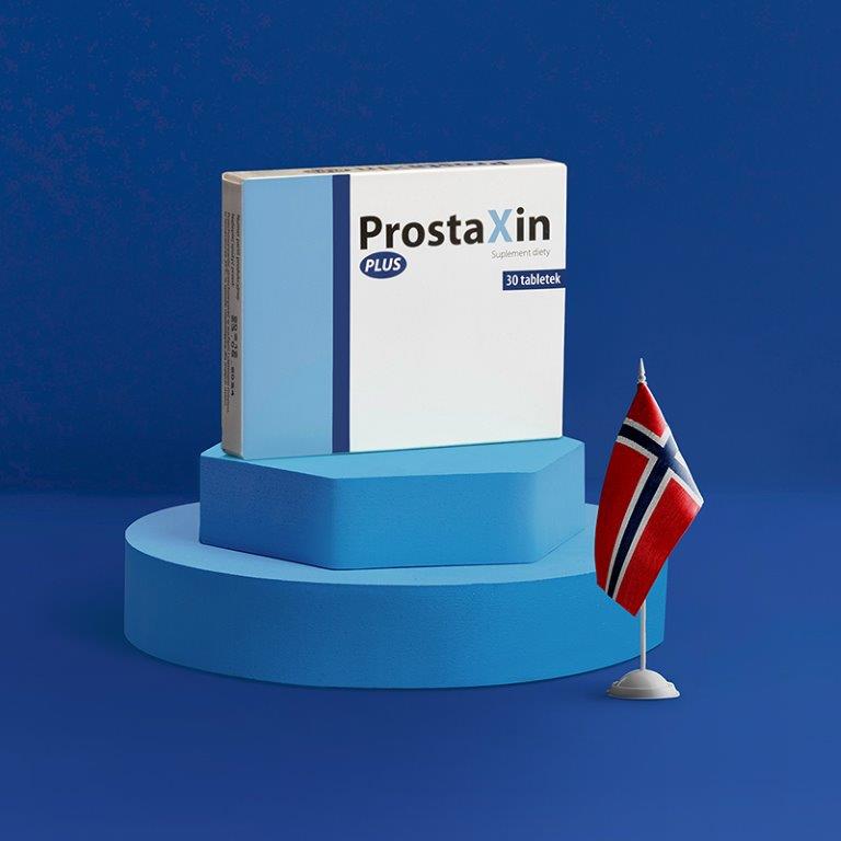 Opakowanie suplementu diety ProstaXin Plus zawierającego 30 tabletek, umieszczone na niebieskiej podstawce z flagą Norwegii.