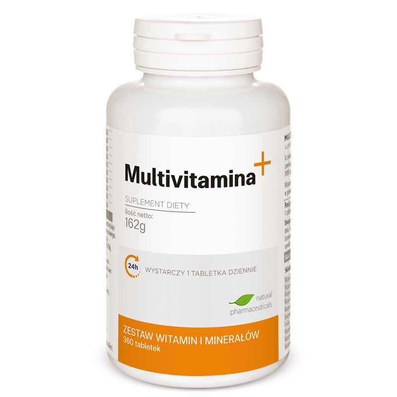 Butelka suplementu diety Multivitamina+ zawierająca 360 tabletek, zapewniająca kompleksowy zestaw witamin i minerałów.