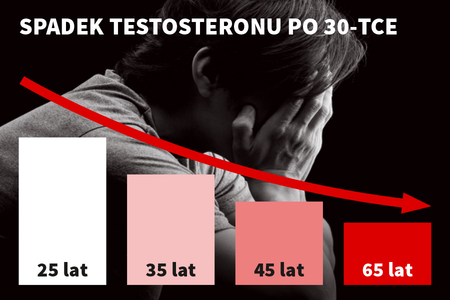 Wykres ilustrujący spadek poziomu testosteronu w miarę starzenia się mężczyzn po 30. roku życia, pokazujący wyraźny trend malejący od 25 do 65 lat.