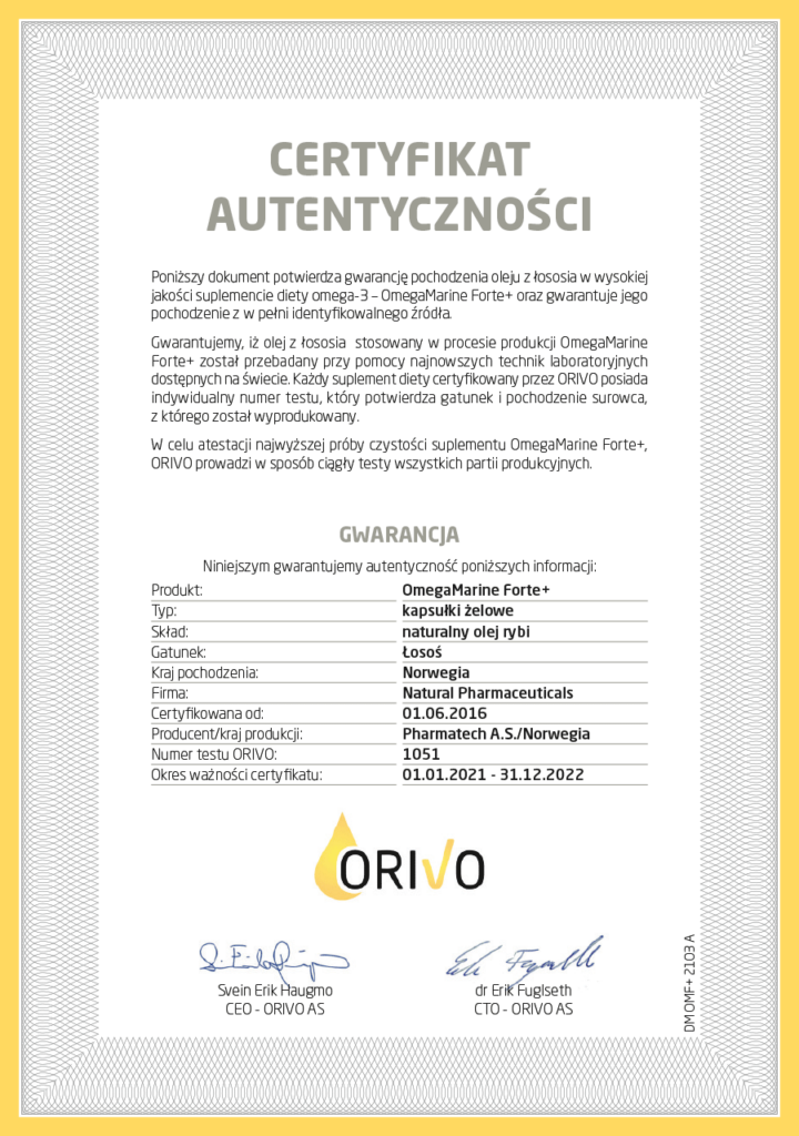 Certyfikat autentyczności potwierdzający pochodzenie oleju z łososia w suplementach OmegaMarine Forte+, gwarantujący ich wysoką jakość i czystość.