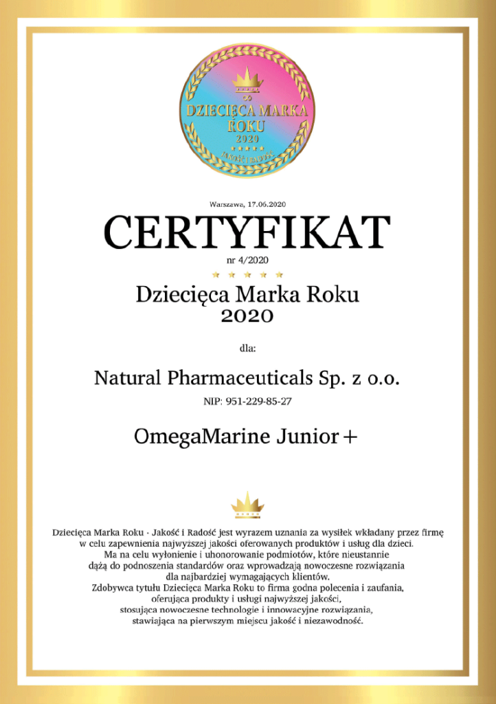 Certyfikat "Dziecięca Marka Roku 2020" przyznany firmie Natural Pharmaceuticals za produkt OmegaMarine Junior +, wyróżniający się najwyższą jakością i innowacyjnością w branży dziecięcej.