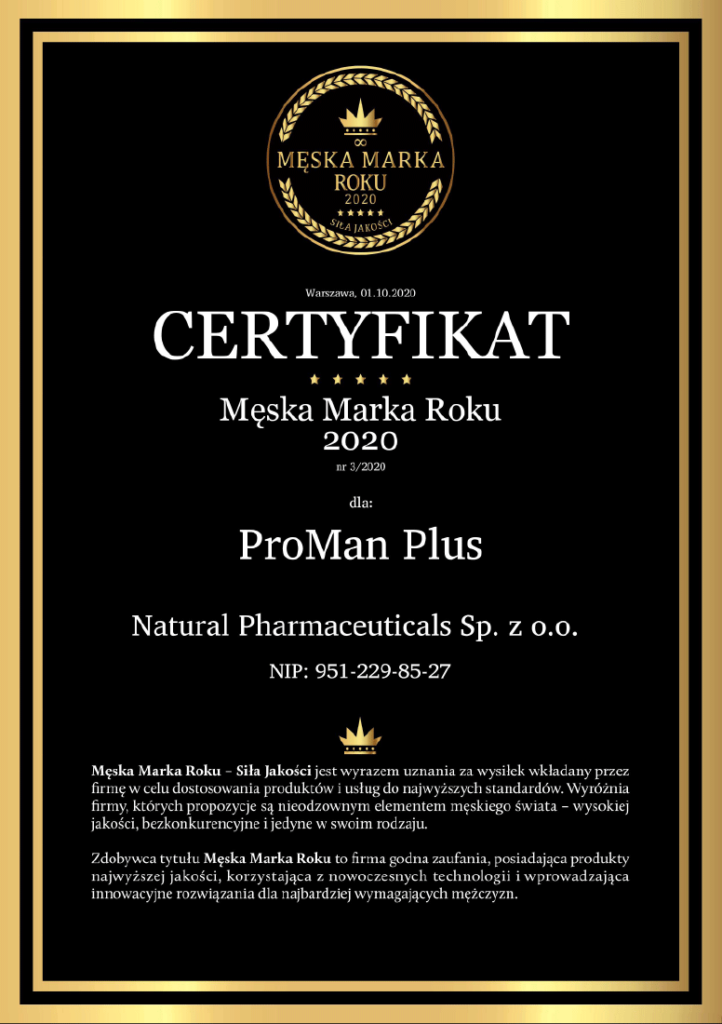 Certyfikat "Męska Marka Roku 2020" przyznany firmie ProMan Plus za wysoką jakość produktów w branży męskich kosmetyków.