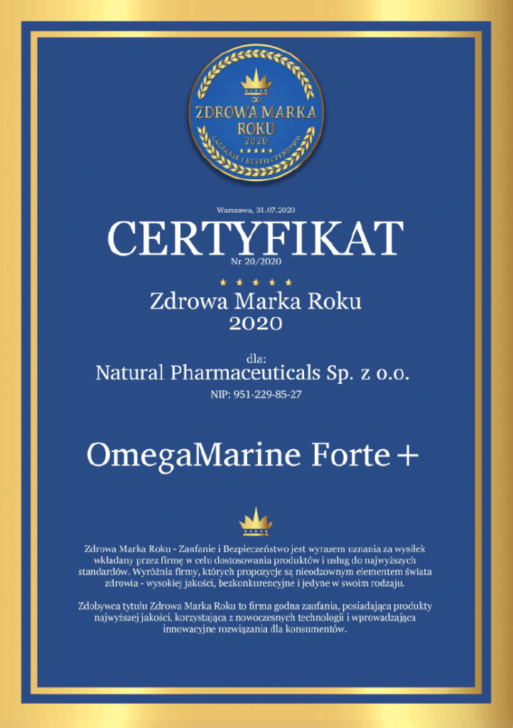 Certyfikat Zdrowa Marka Roku 2020 przyznany firmie Natural Pharmaceuticals Sp. z o.o. za produkt OmegaMarine Forte +, podkreślający jakość i innowacyjność w branży zdrowotnej.