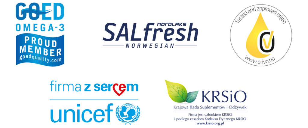 Logo organizacji GOED Omega-3, SALfresh oraz partnerów UNICEF i KRSIO, podkreślające zaangażowanie w wysoką jakość produktów oraz odpowiedzialność społeczną.