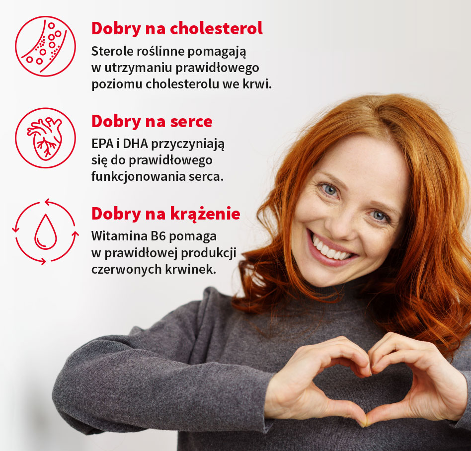 Kobieta z uśmiechem tworzy serce z dłoni, promując zdrowie serca, układu krążenia i kontrolę poziomu cholesterolu dzięki korzystnym składnikom odżywczym.