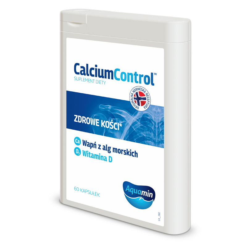 Suplement diety CalciumControl zawiera wapń z alg morskich oraz witaminę D, wspierając zdrowie kości.