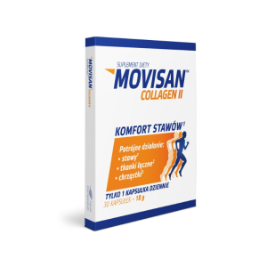 Suplement diety Movisan Collagen II wspiera zdrowie stawów, tkanek łącznych i chrząstek dzięki potrójnemu działaniu w formie kapsułek do codziennego stosowania.
