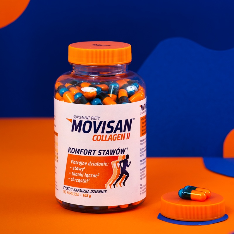Suplement diety Movisan Collagen II wspomaga komfort stawów, tkanek łącznych oraz chrząstek, oferując łatwe w użyciu kapsułki.