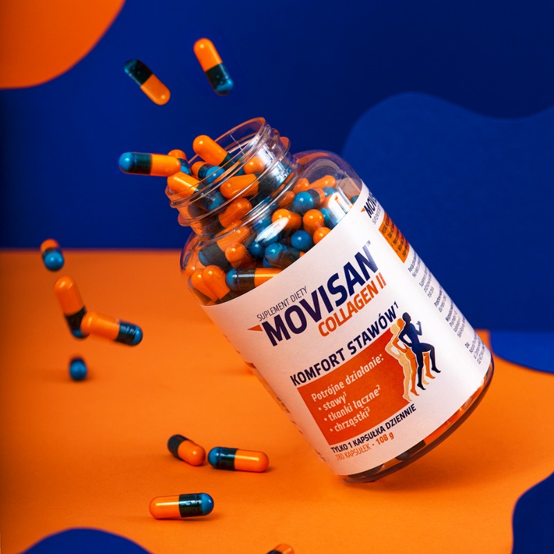Suplement diety Movisan Collagen II w postaci kapsułek wspierających komfort stawów i chrząstek.
