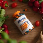 Butelka suplementu diety Movisan Collagen II z kapsułkami wspierającymi komfort stawów, otoczona świeżymi warzywami.