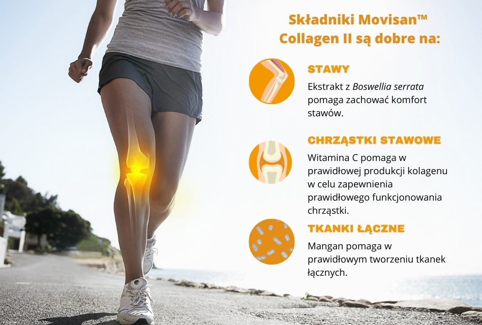 Obraz przedstawia osobę biegającą, podkreślającą korzyści składników Movisan™ Collagen II dla stawów, chrząstek i tkanek łącznych.