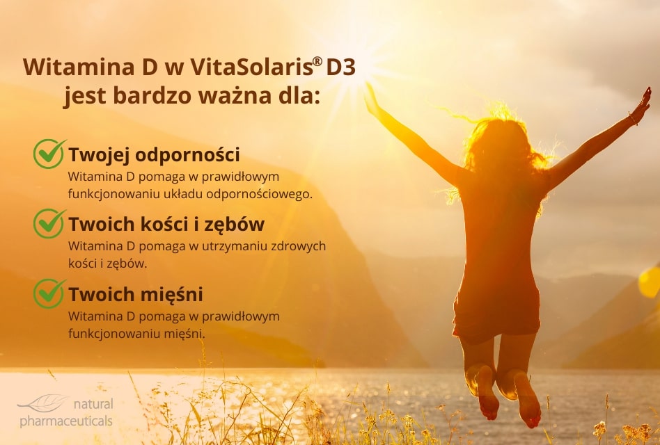 Obraz promuje korzyści zdrowotne witaminy D z VitaSolaris® D3, podkreślając jej kluczowe znaczenie dla odporności, zdrowia kości, zębów i funkcjonowania mięśni.