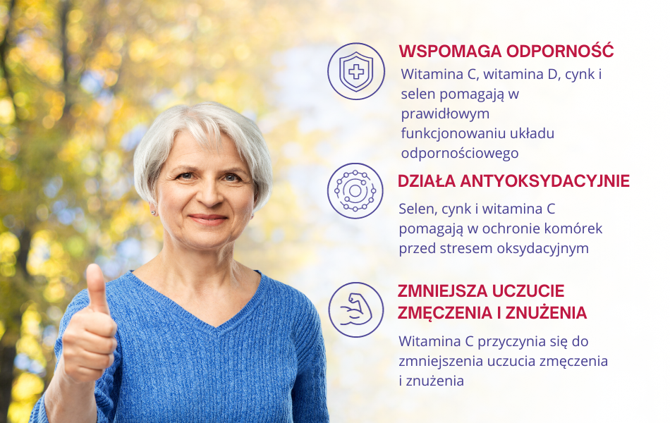 Obraz przedstawia uśmiechającą się kobietę w średnim wieku, która promuje korzyści zdrowotne witamin C, D oraz minerałów takich jak cynk i selen, zwracając uwagę na ich wpływ na odporność i samopoczucie.