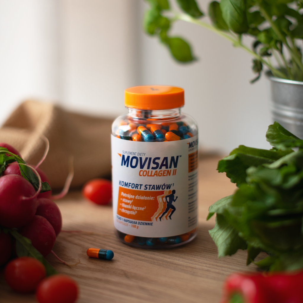 Butelka suplementu diety Movisan Collagen II przeznaczona do wsparcia komfortu stawów, otoczona świeżymi warzywami.