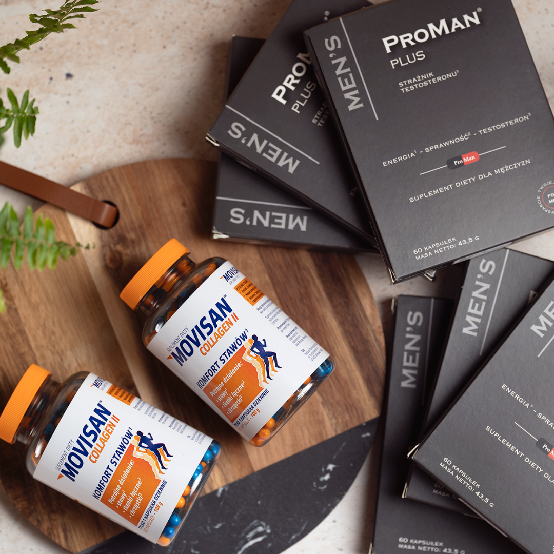 Suplementy diety Movisan Collagen II i ProMan Plus wspierają energię oraz zdrowie mężczyzn, oferując optimalne wsparcie w codziennej aktywności.