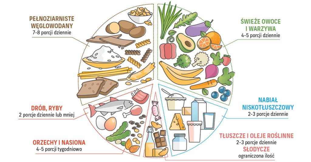 Ilustracja przedstawia zalecane porcje codziennego spożycia różnych grup żywnościowych, zwiększając świadomość na temat zdrowej diety.