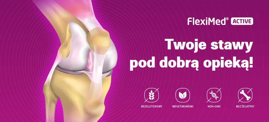 Obraz przedstawia staw kolanowy oraz hasło promujące FlexiMed Active jako skuteczne wsparcie dla zdrowia stawów, podkreślając jego bezglutenowy, wegetariański i non-GMO skład.
