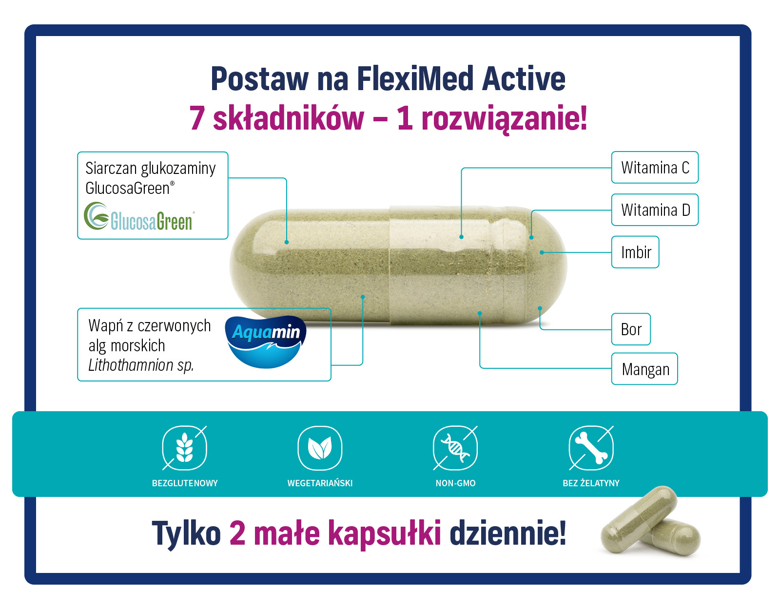 FlexiMed Active to suplement diety zawierający 7 starannie dobranych składników, który wspiera zdrowie i codzienną aktywność, oferując jednocześnie wegetariańską i bezglutenową formułę.