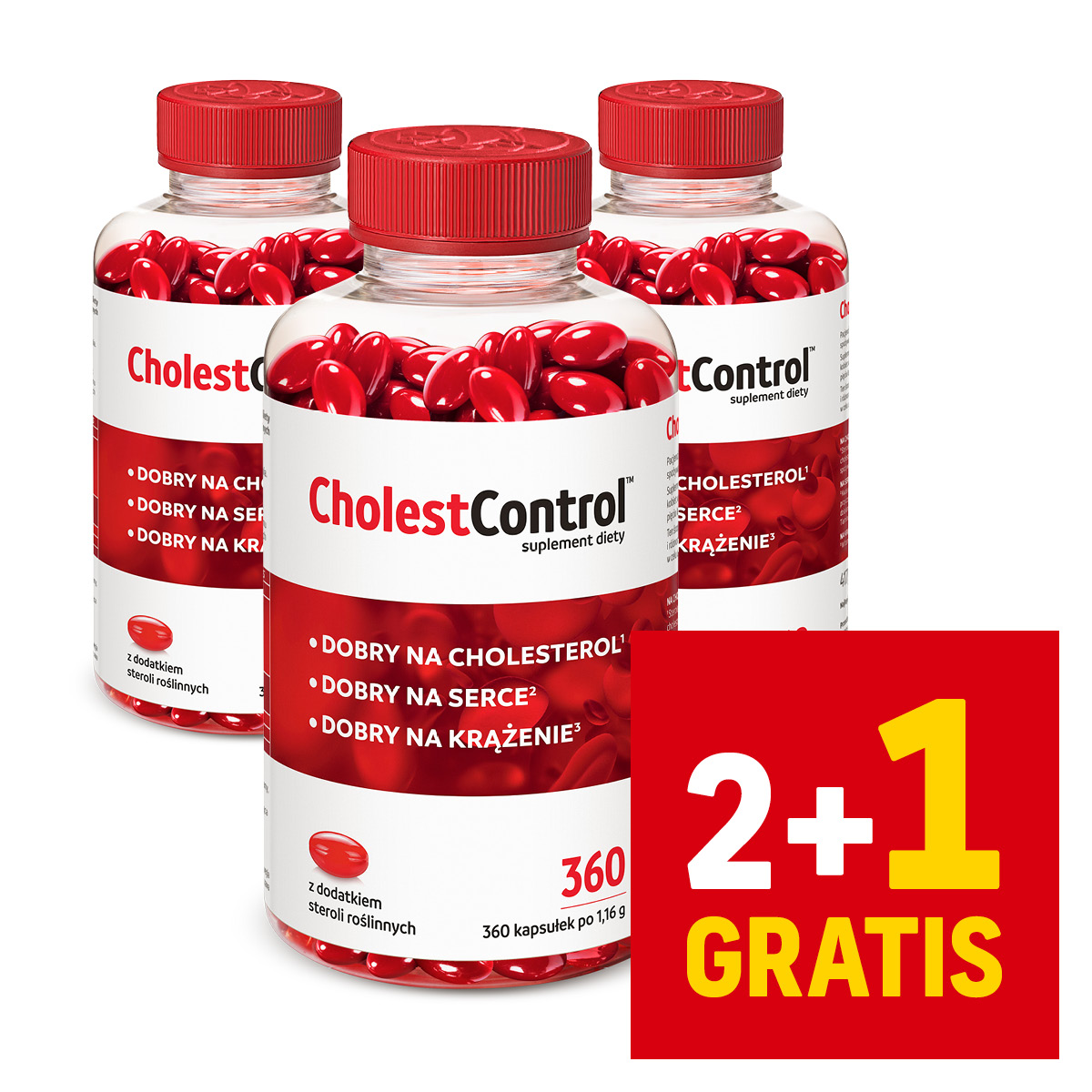 Suplement diety CholestControl wspomaga prawidłowy poziom cholesterolu oraz zdrowie serca i układu krążenia, oferując promocyjny zestaw 2+1 gratis.