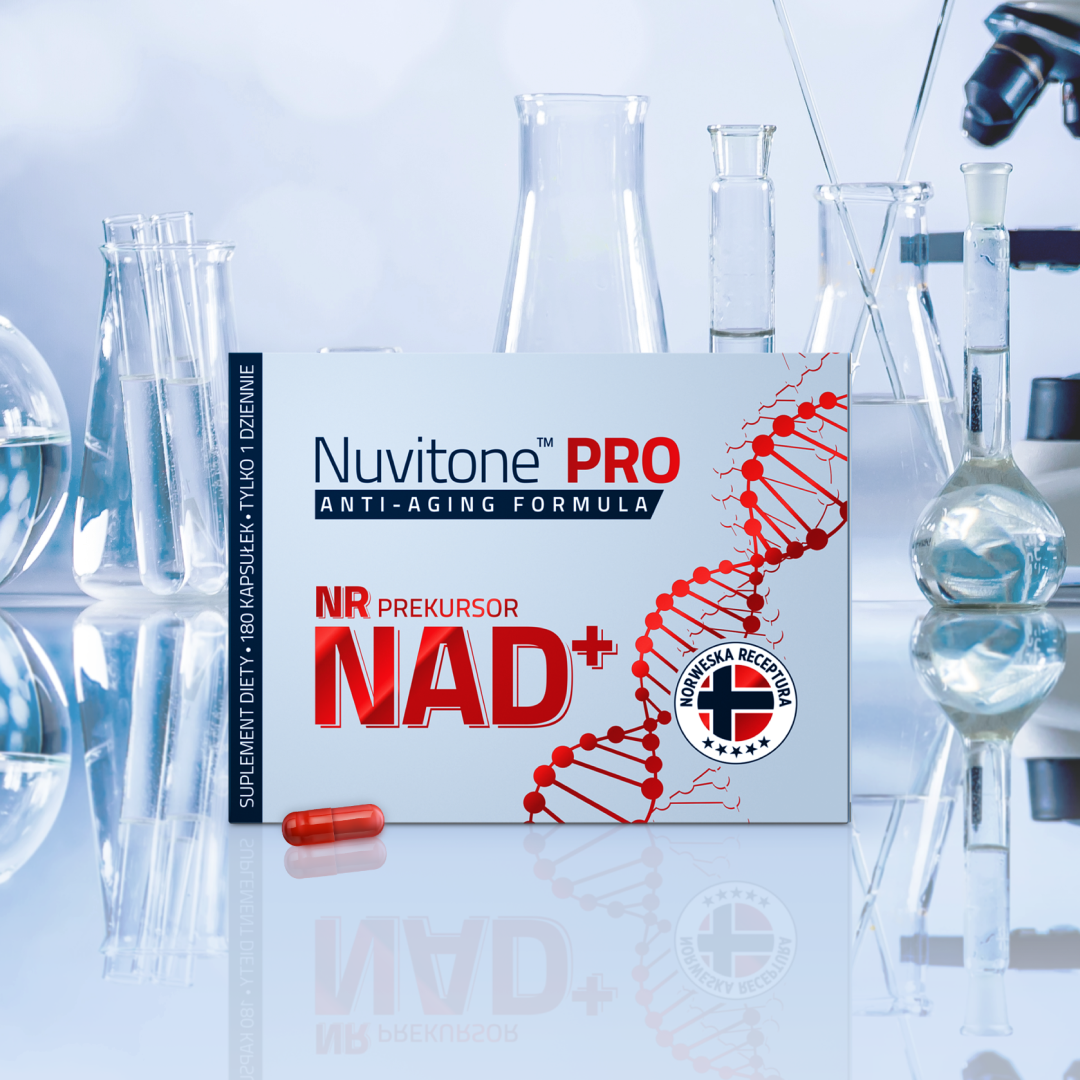 Nuvitone PRO to suplement diety w formie kapsułek, zawierający NR jako prekursor NAD+, wspierający procesy anty-aging.