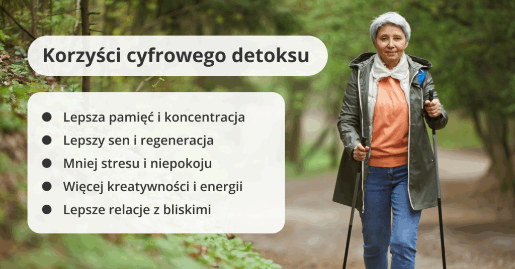 Kobieta spacerująca po lesie, korzystająca z dobrodziejstw cyfrowego detoksu, z nadrukowanymi korzyściami takimi jak lepsza pamięć, sen i relacje z bliskimi.