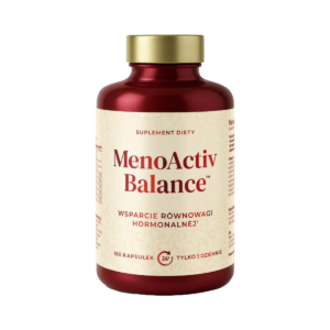 MenoActiv Balance to suplement diety wspierający równowagę hormonalną, dostępny w formie 180 kapsułek, zalecany do stosowania raz dziennie.