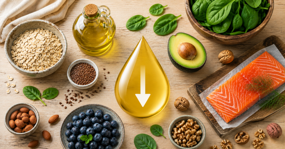 Produkty pomagające obniżyć cholesterol: łosoś, płatki owsiane, awokado, oliwa z oliwek i orzechy